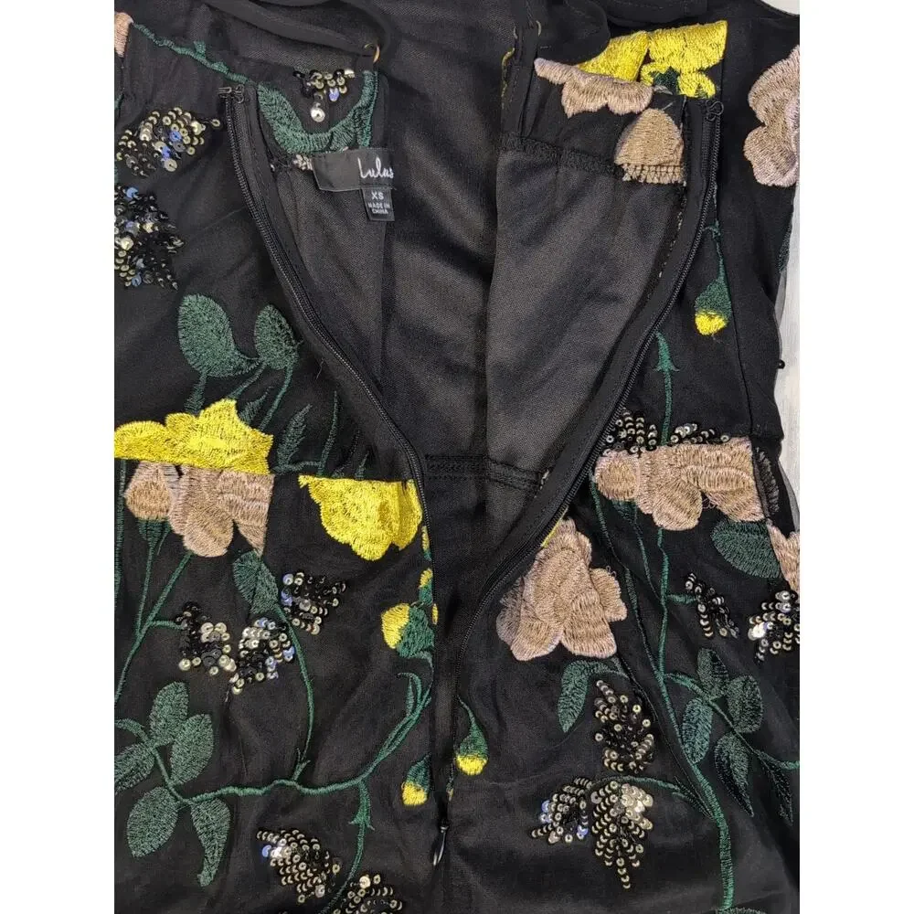 Lulu's Rue Black Floral Embroidered Sequin Bodycon Mini Dress Size XS - Picture 12 of 14